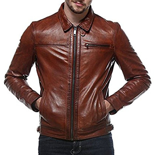Illustration for article titled Calibre Style Brown Color Hand Finished Genuine Leather Slim Fit Jacket For Men